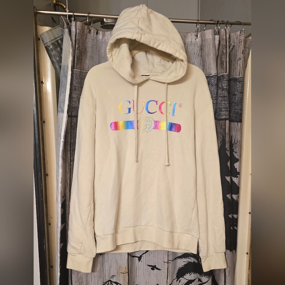 Unisex Gucci GG Holographic Rainbow Hoodie size XL Cream